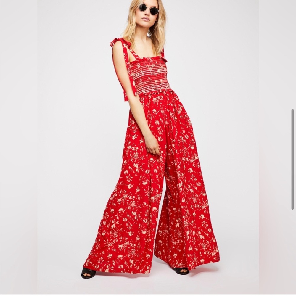 Free People Color My World Red Floral Jumpsuit